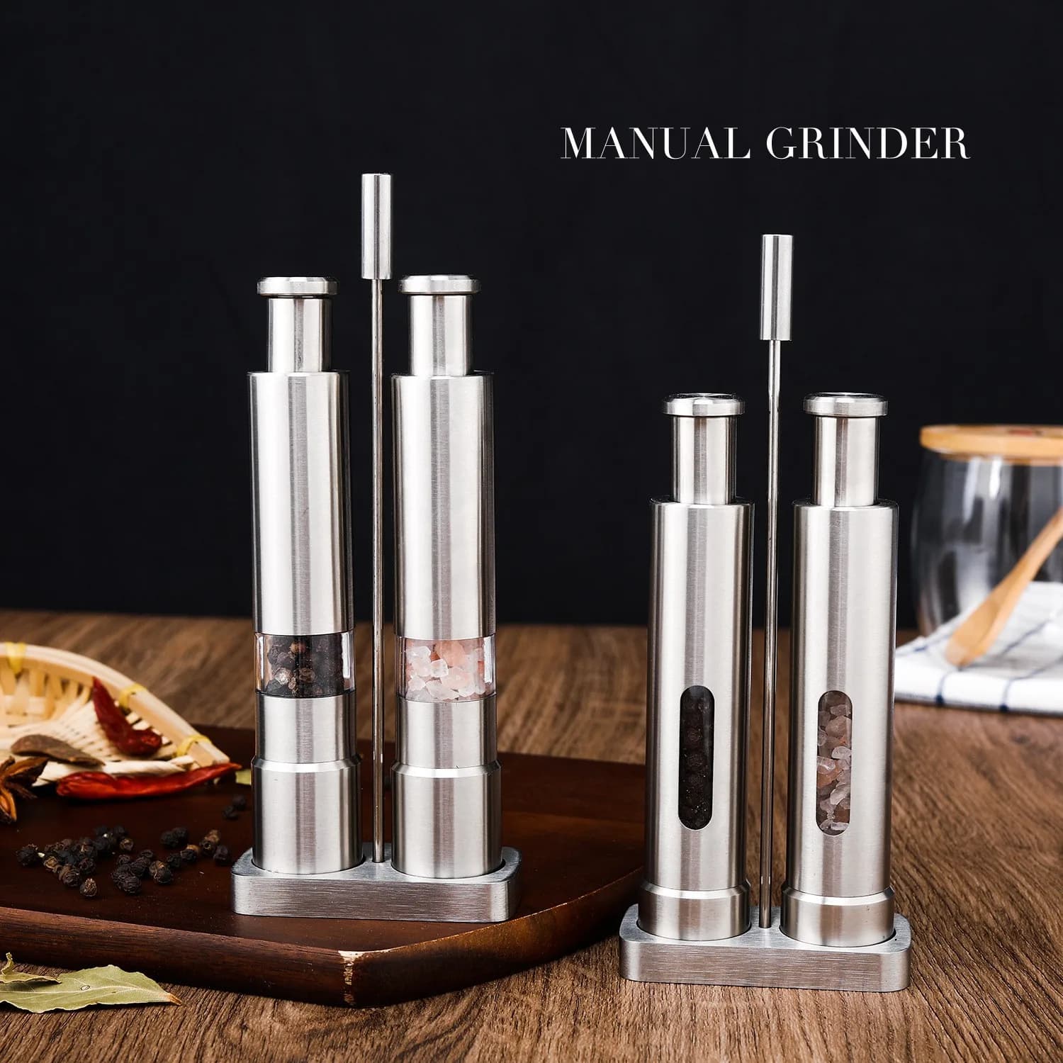 Set Macinapepe Manuale a Pressione in Acciaio Inossidabile per Casa, Macina Sale Marino e Pepe Nero, Macina Spezie e Sale Grezzo a Pressione Manuale