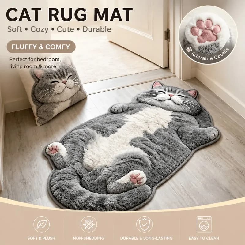 1 Pcs Cute Fluffy Cat Rug Plush Bedroom Bedside Carpet Soft Non-Slip Floor Mat Aesthetic Living Room Bathroom Decor Area Rugs