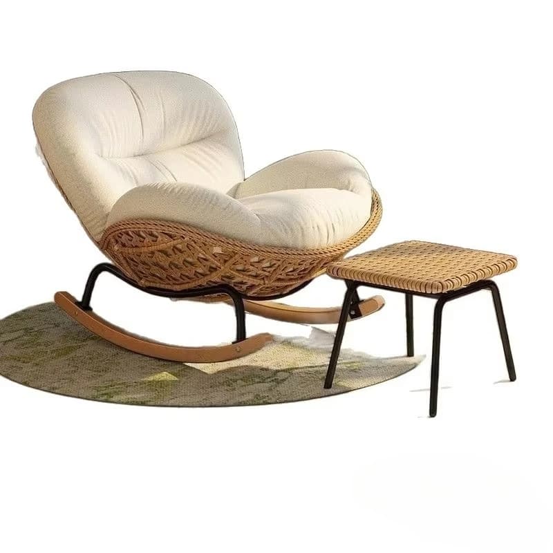 #Rattan Rocking Chair, Metal Frame with Rubber Wood Legs, Outdoor Patio Rocker with UV Cushion for Garden