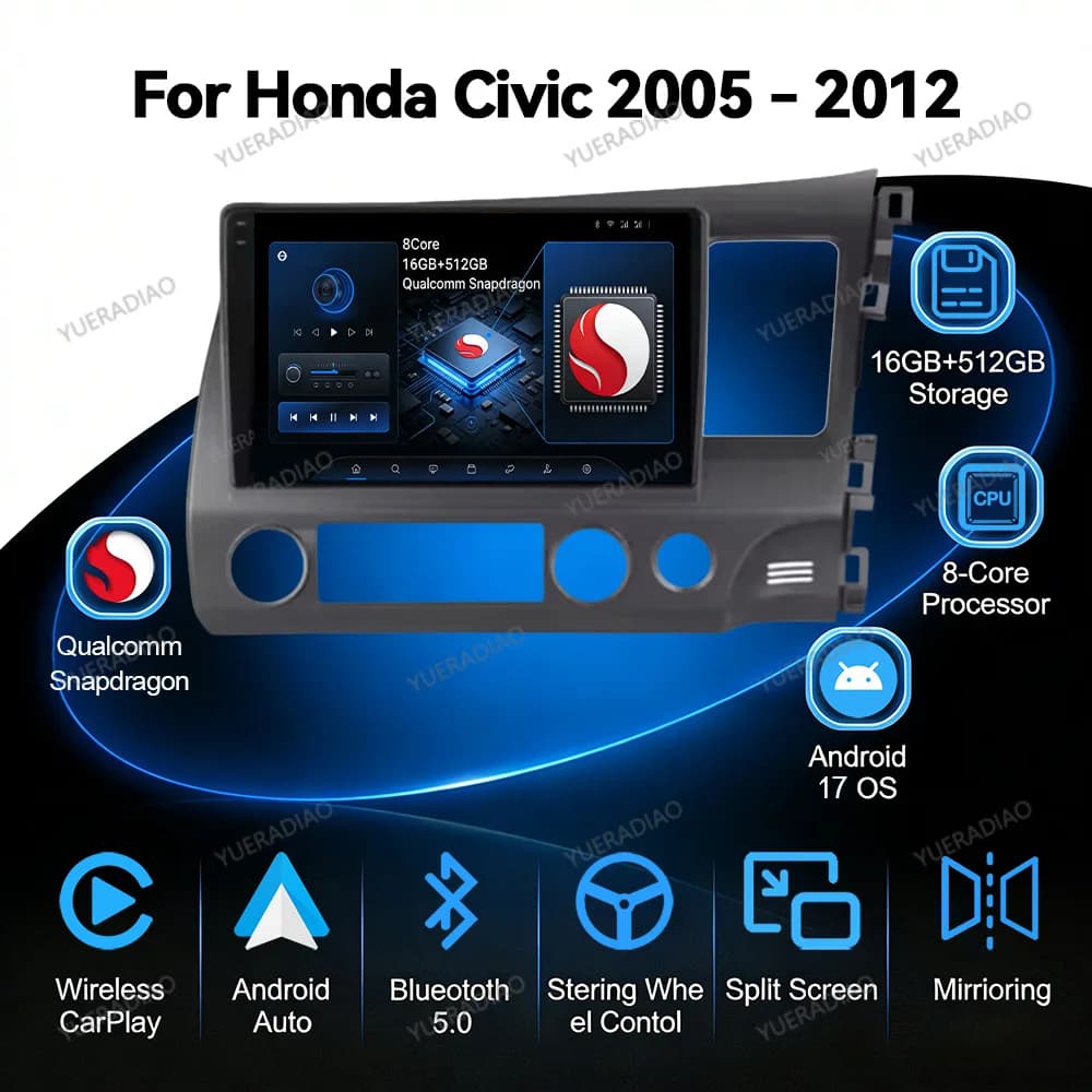 Android 17 Car Radio For Honda Civic 8 FK FN FD 2005 - 2012 RHD Touch Screen DVD Bluetooth Car Radios FM 4G LTE 5G WIFI BT SWC