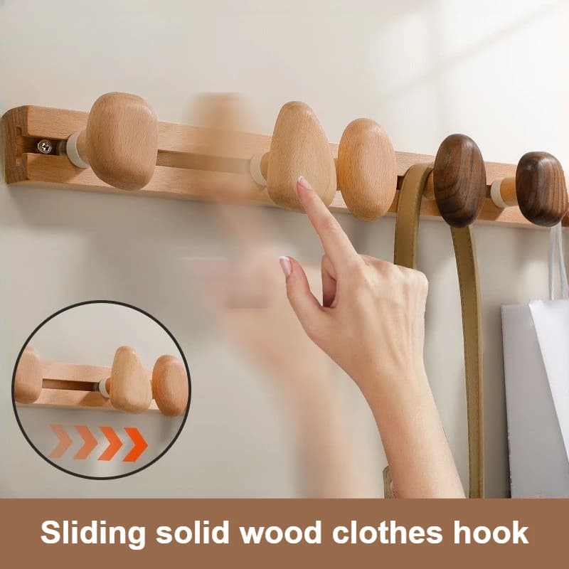 Sliding Solid Wood Clothes Hook Punching-free Clothes Hanger Wall Hanging Entrance One-row Beech/Walnut Wood Coat Hook