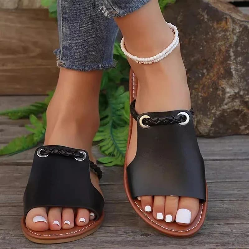 Pantofole da spiaggia comode estive da donna Sandali piatti con fascia intrecciata alla moda Pantofole da donna leggere in morbida pelle Pu Taglie forti