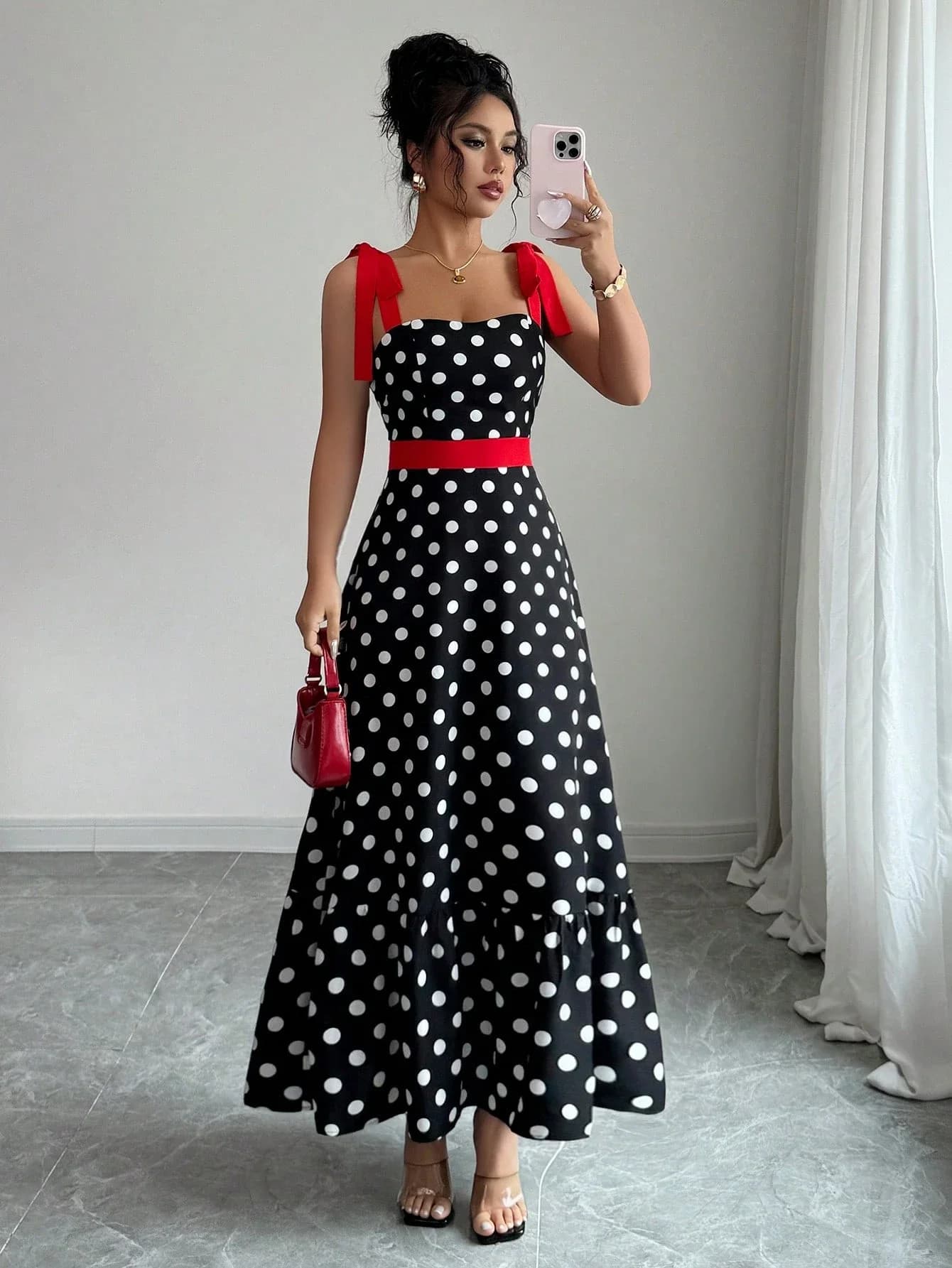 Women Polka Dot Print Cami Dress With Red Bow Straps And Waist Belt