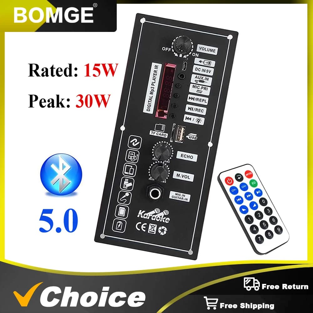 Amplificatore da 30 W, scheda decodificatore MP3 CC 5 V con modulo USB Bluetooth 5.0 e telecomando adatto per altoparlanti da 4 ohm da 5-8 pollici.