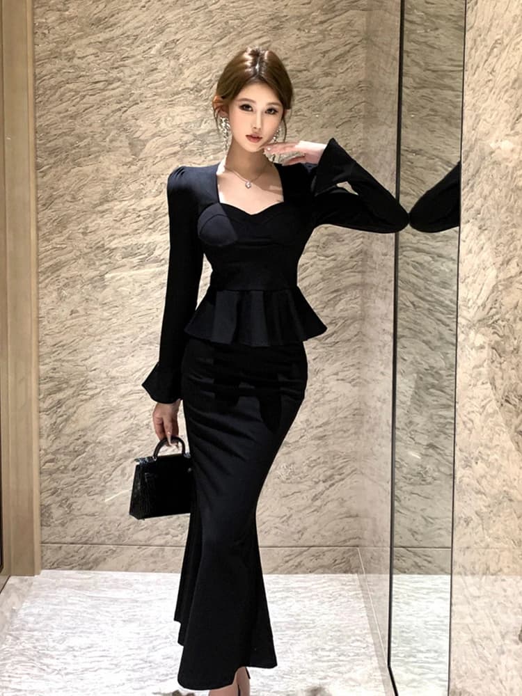 Women Clothes Black Outfits Elegant Lady Mujer Ruffle Square Neck Tops Shirt Blouse And Fishtail Long Skirt 2 Pieces Set Formal