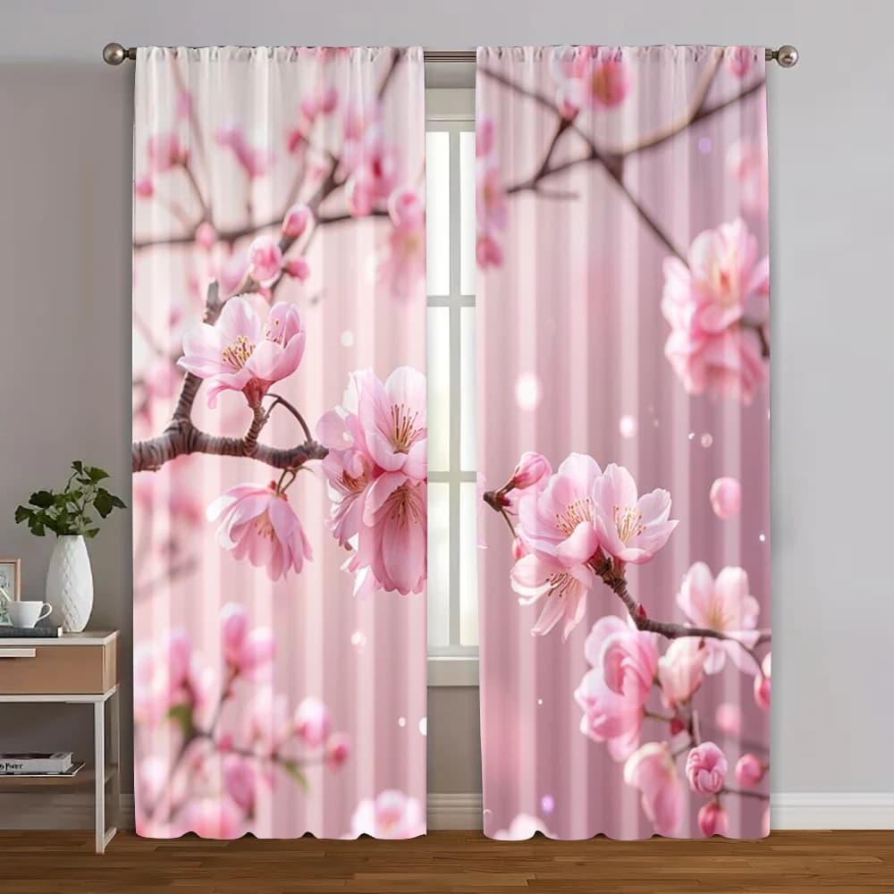 2pcs, Curtains&Drapes Cherry blossom spring scenery Versatile 100% Polyester (without rod) Versatile All for Living Room,