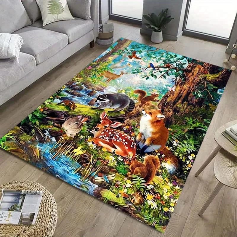 Tappetino in poliestere a tema animali della foresta, morbido e lavabile per soggiorno, esterno, patio, cucina, camera da letto, sala giochi, un