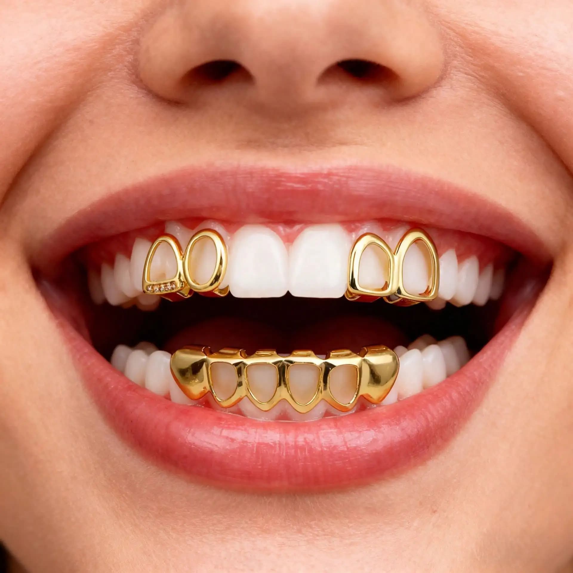 1Set Gold Plated Teeth Grills Men Women Hollow Heart Hip-hop Mouth Grills Top Bottom Teeth Jewelry Party Streetwear