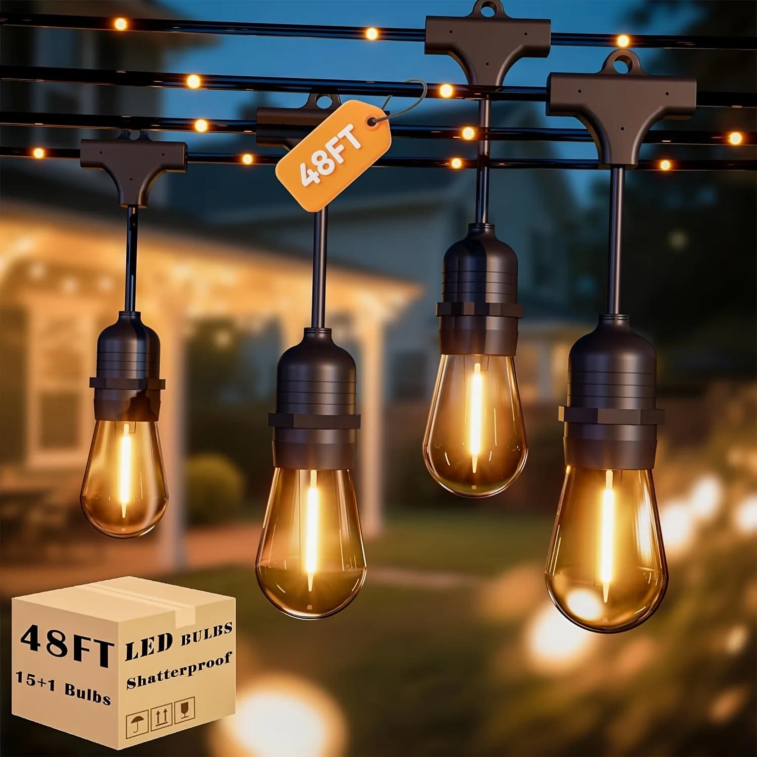 BEATINEON Outdoor String Lights Available in 24FT, 48FT, And 50FT Lengths, Featuring Garden Light Strips And LED Rope Lights with Lighting Tubes And Vintage Edison Bulbs. These Lights Can Be Linked to LED Fixtures And Are Perfect for Terrace Bars