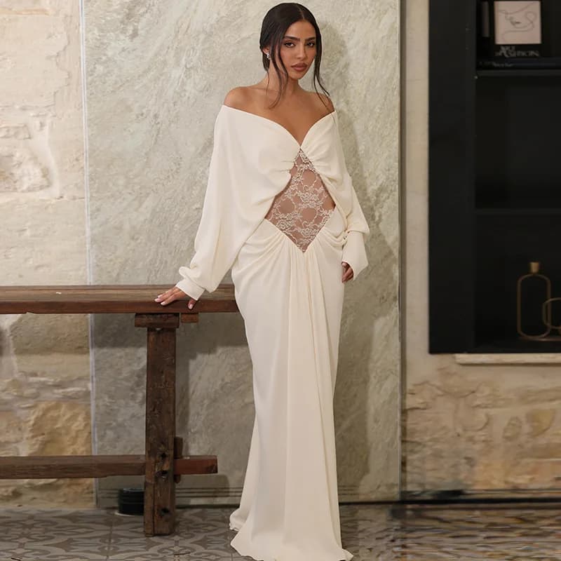 See Through Lace Patchwork Ruched Maxi Party Dress Women Sexy V-neck Off Shoulder Full Sleeve Backless Prom Birthday Long Robes
