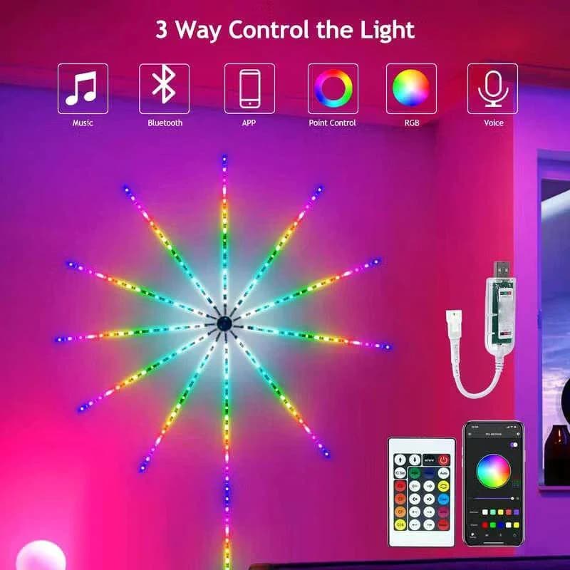Luci decorative intelligenti a forma di fuochi d'artificio con sincronizzazione musicale tramite app e telecomando, 180 LED per feste, Capodanno e Natale.