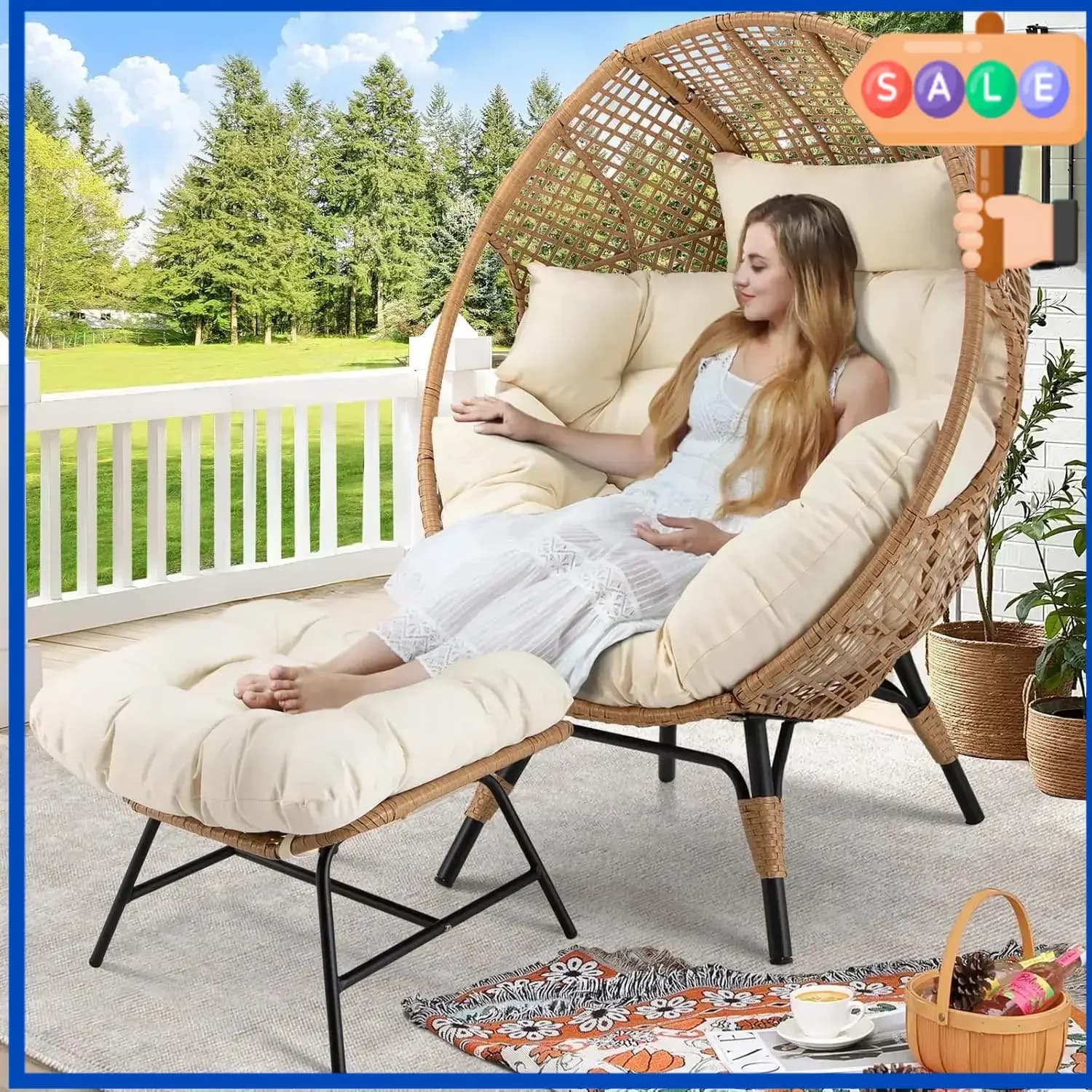Bestseller, Offerta imperdibile: Poltrona a uovo con poggiapiedi, Sdraio da esterno in vimini con ottomana, Poltrona a forma di uovo in rattan oversize con gambe per interni ed esterni