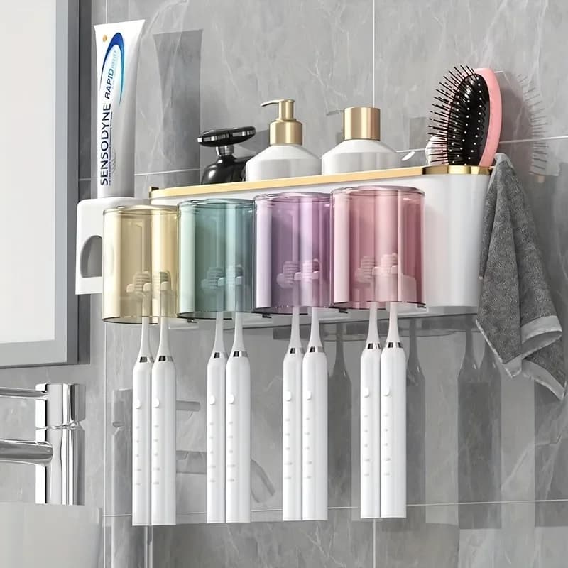 Portaspazzolino con Dispenser, Mensola da Bagno Senza Foratura, Bicchiere per Collutorio, Portaspazzolino