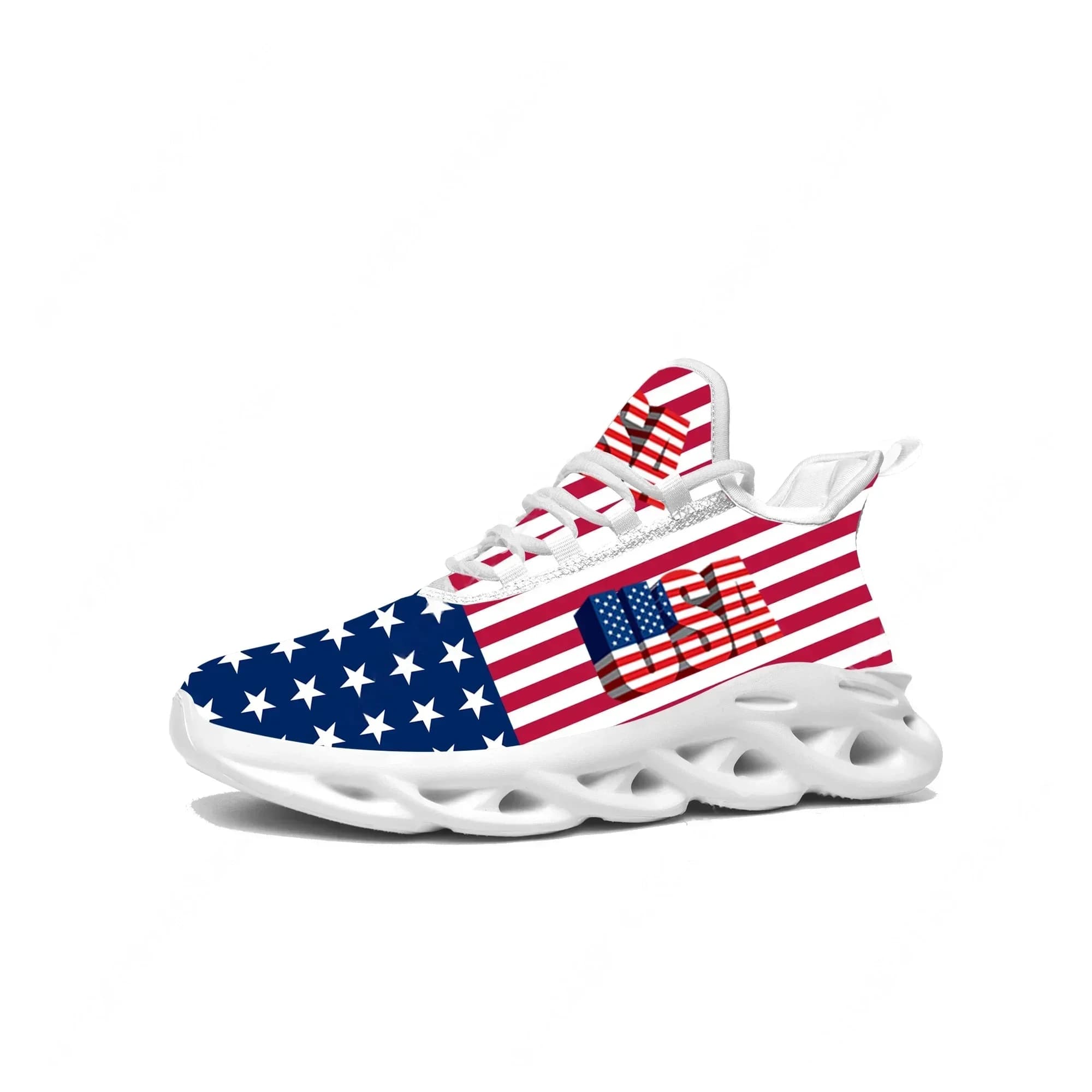 Scarpe con Bandiera USA, Rosso Blu Bianco, Sneakers Sportive Unisex, Calzature in Rete con Lacci, Scarpe Personalizzate