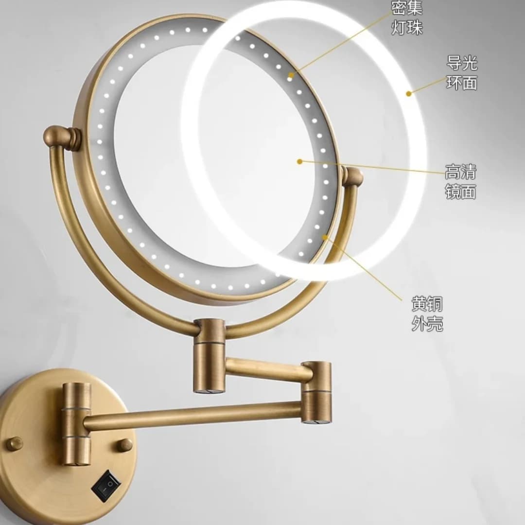 Specchio da Trucco Antico in Ottone da Parete, Specchio da Bagno da 8 Pollici con Luce LED, Specchio Pieghevole Ingranditore per Trucco con Ingrandimento 3X