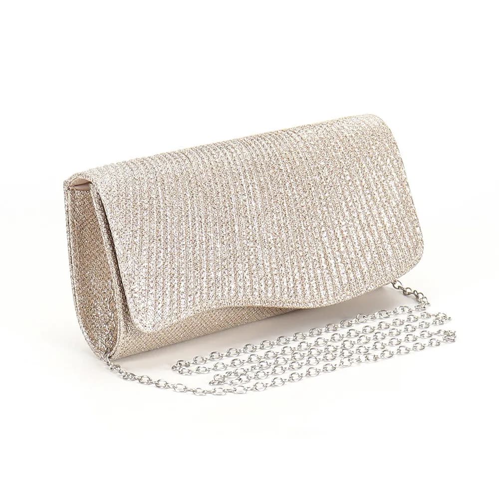 Borsa a Mano Elegante con Glitter Lucidi, Catena Argento, Tracolla, Pochette da Sera a Busta