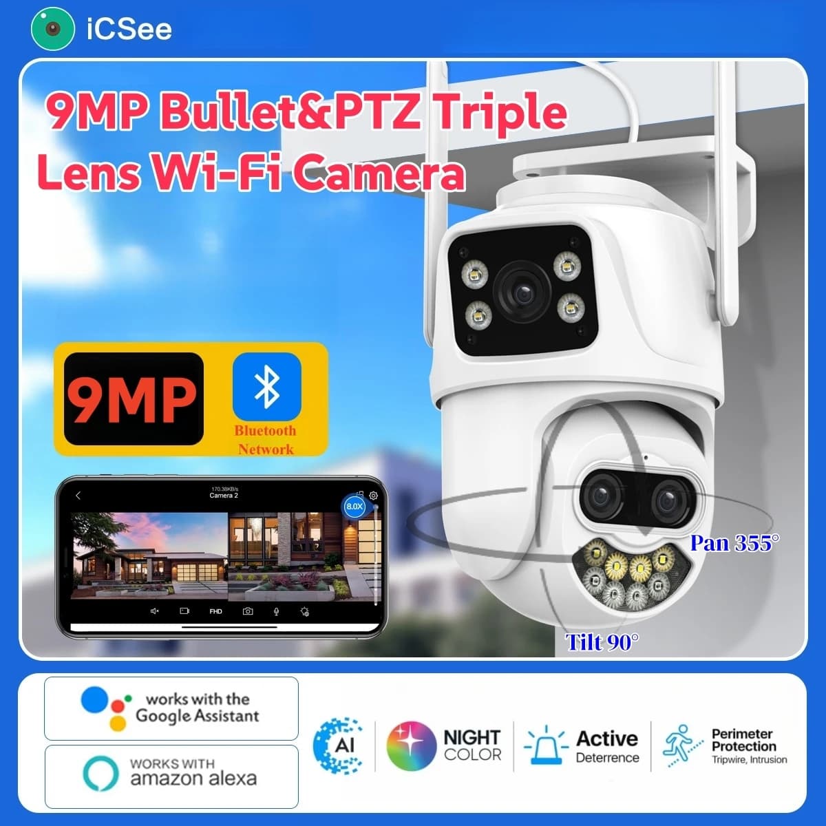 Outdoor WiFi Camera 5K 9MP 6MP AI 98ft NightColor PTZ IP Cam Wireless Human Detection Video Camera H.265