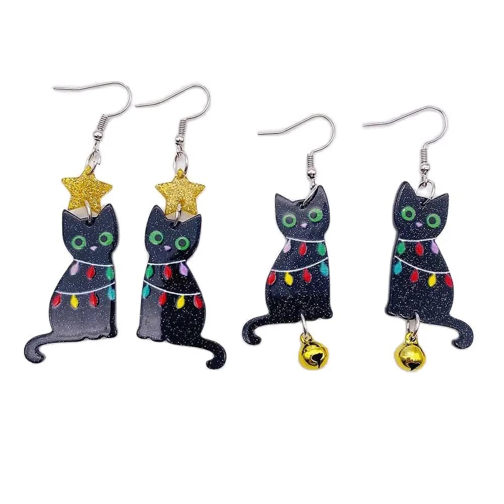 Nuovi orecchini di natale stelle a cinque punte luci dell'albero di natale campane di gatto nere orecchini acrilici regali di decorazione di natale