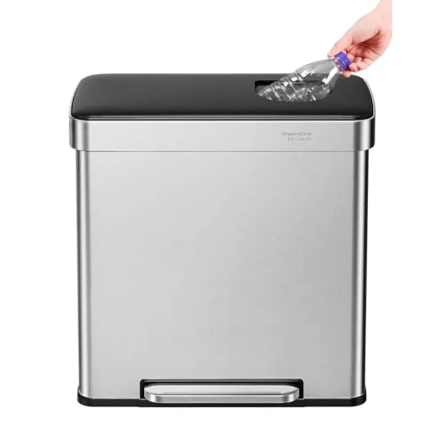 GreenGrin Kitchen Trash Can, 2x8 Gallon Dual Compartment Trash and Recycle Bin Combo, Double Stainless Steel Step Garbage Can w