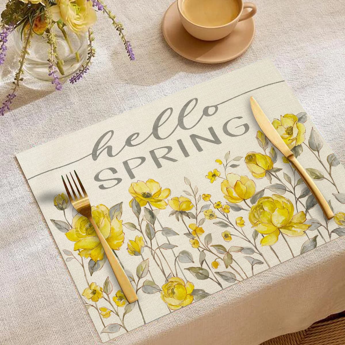 Watercolor Floral "Gather" Quote Print Placemat, Heat-Resistant & Non-Slip, Universal Placemat for Restaurant & Kitchen