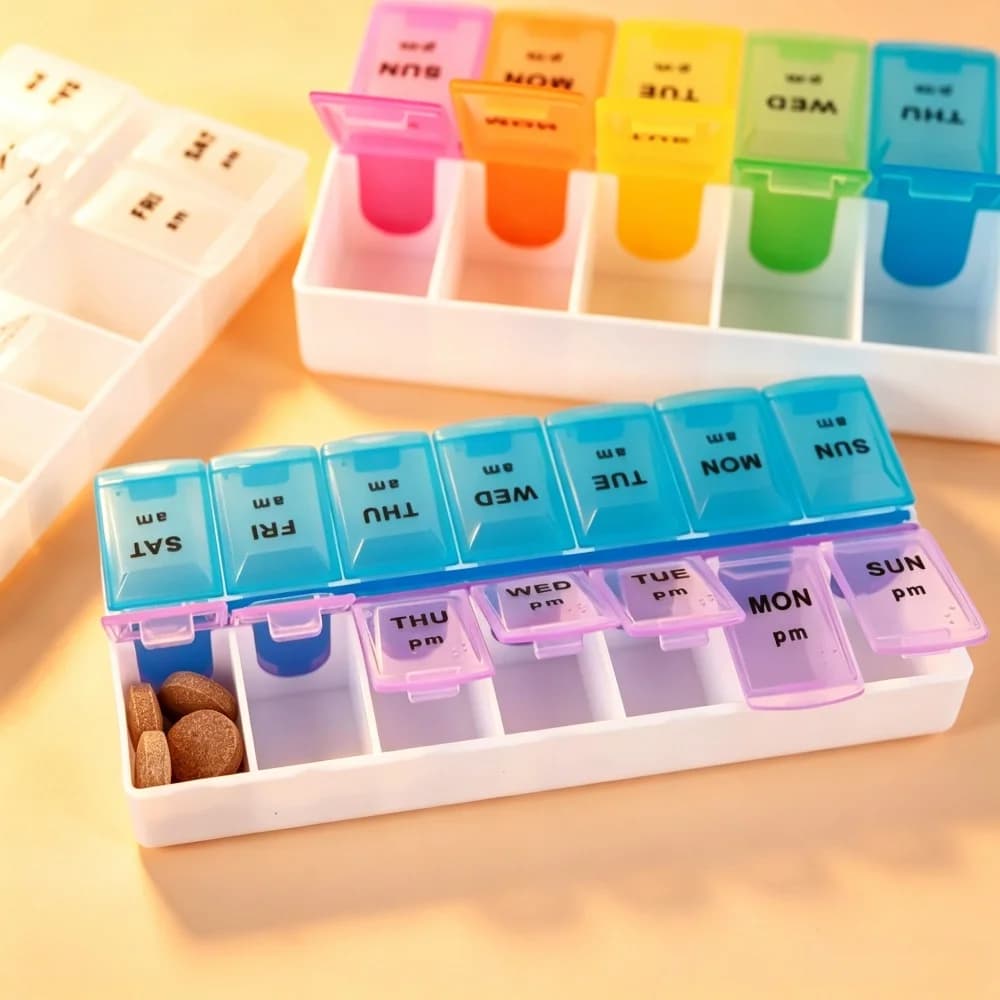Premium Weekly Organizer for Pills with 14 AM PM Parts, Travel Laptop for Medicines, Vitamins, Fish Oil, Supplements