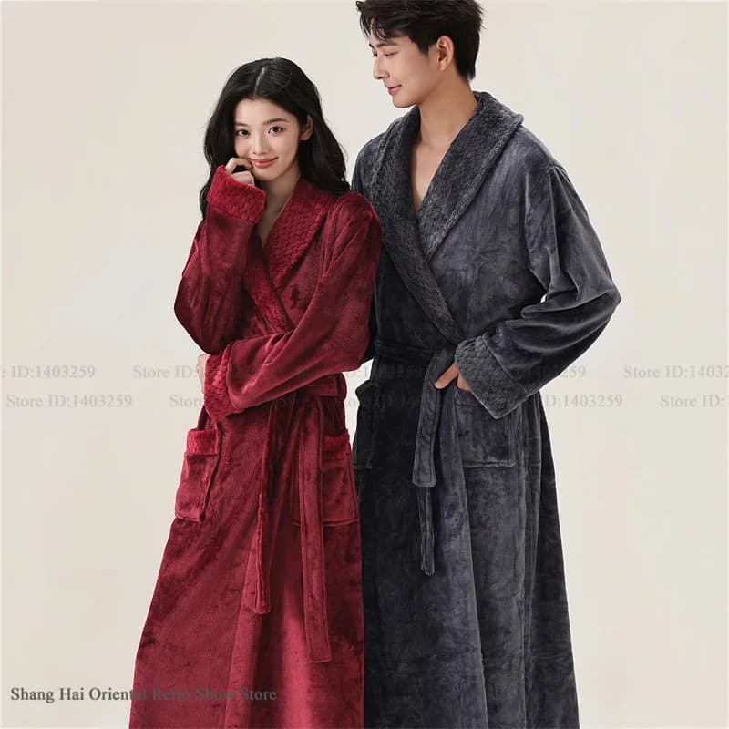 Flannel Couple Long Robe Sleepwear Autumn Winter New Nightwear Kimono Bathrobe Gown Thicken Warm Coral Fleece Loungewear Pajama