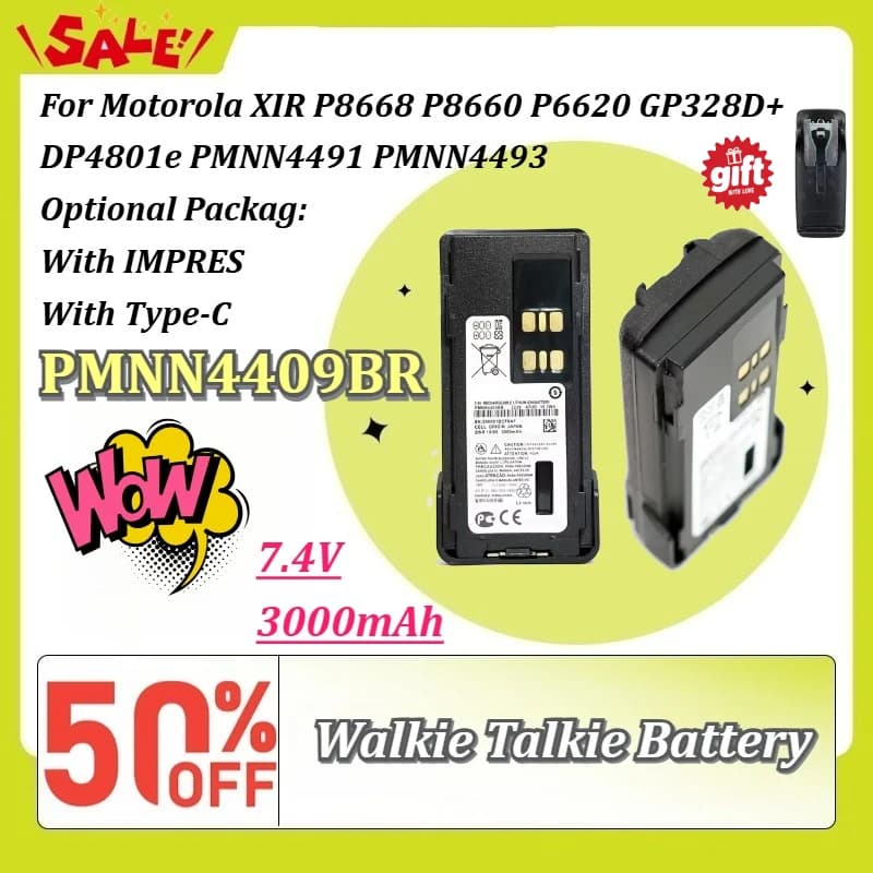 PMNN4409BR 3000mAh Walkie Talkie Battery for Motorola XIR P8668 P8660 P6620 GP328D+ DP4801e PMNN4491 PMNN4493 with IMPRES/Type-C