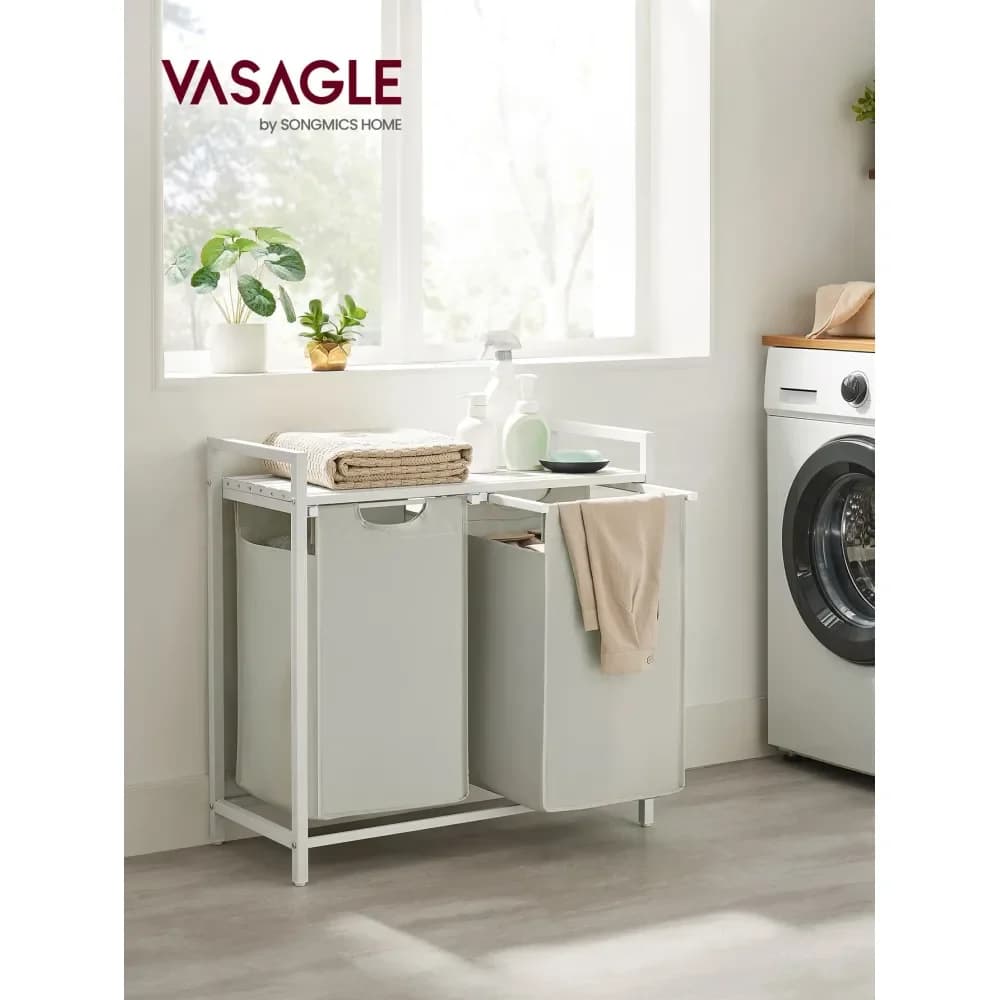 Cesto Portabiancheria, Cesto per Bucato, Organizzatore per Bucato con 2 Sacchi Estraibili e Rimovibili, Ripiano, Struttura in Metallo, 2 x 46L (12,1 Galloni), 28.
