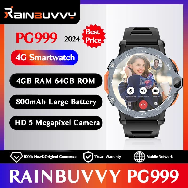 Rainbuvy PG999 4G LTE Smart Watch 2.4G 5G Dual Band WiFi 1.54 pollici Touch Screen 4GB RAM 64GB ROM 8MP/3MP fotocamera Bluetooth Watch