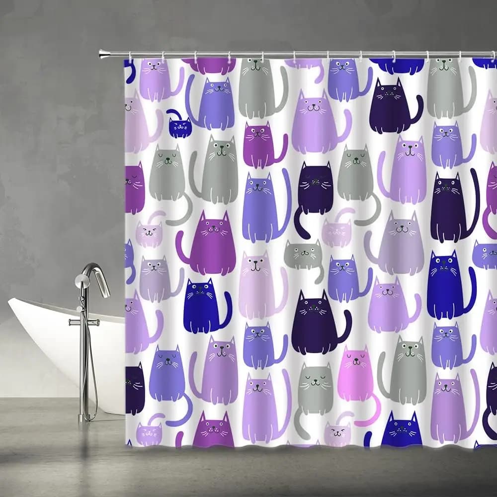 Tenda da doccia per gatti carini Cartone animato multicolore Felice gattino colorato Amanti degli animali Modello Donna Ragazza Tessuto viola Bagno di casa