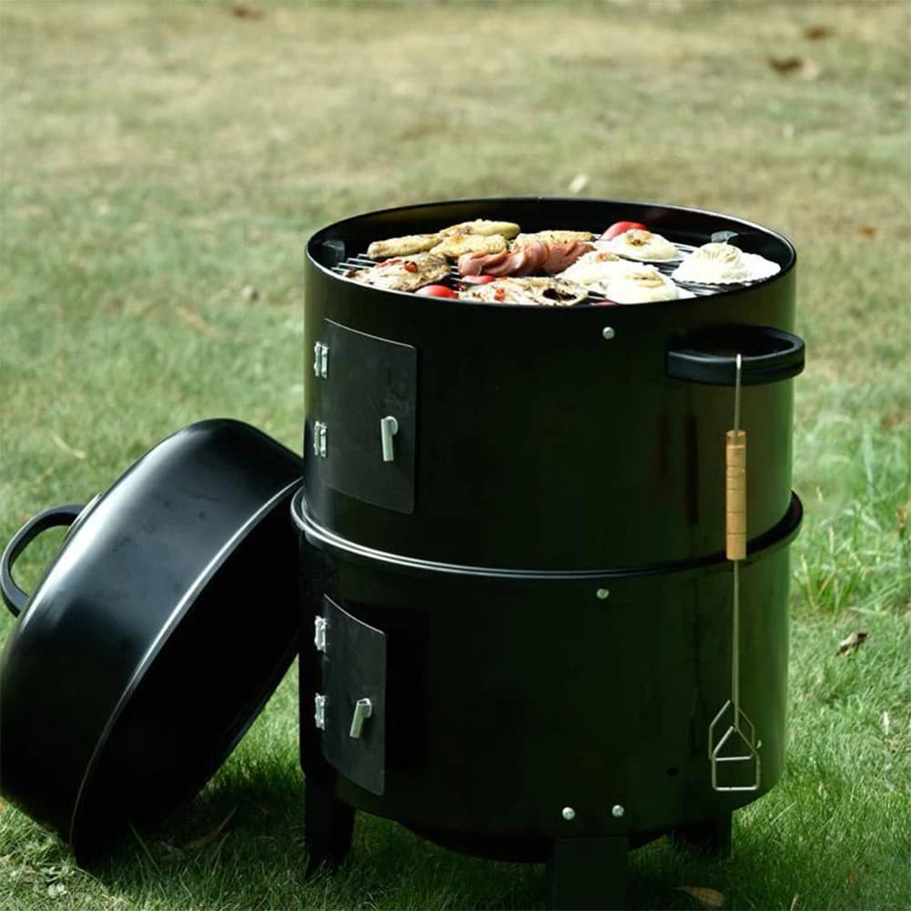 Griglia BBQ con Affumicatore e Termometro Integrato, Griglia Rotonda con Ventola e 2 Porte di Accesso per Cucina all'Aperto e Campeggio