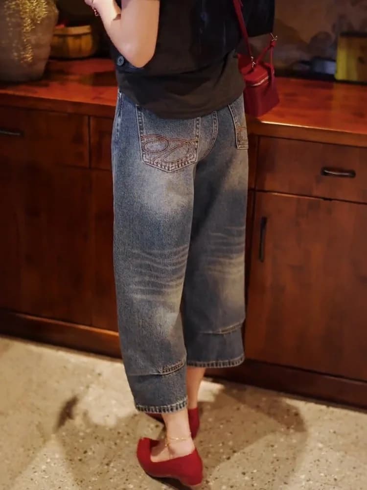 plus Size Embroidered Wide Leg Jeans Women's Summer New Style Small Size Fat MM Slimming Eighteen Pants Straight Blade Pants