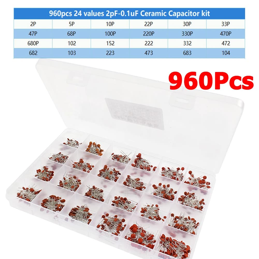 960PCS 24values Ceramic Capacitor Assortment Kit Capacitance 2PF-0.1UF 50V DIY Electronic Ceramic Capacitors Set , with Box