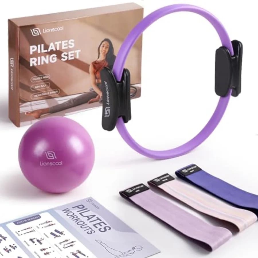 Set Anello Pilates 14 in 1 Anti-Deformazione con Maniglie Imbottite, Mini Palla, Bande di Resistenza e Borsa Guida in Nero