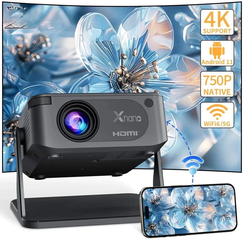Mini Proiettore Smart con Supporto Nativo 720P, Decodifica 4K, Doppio WiFi 6 Wireless 5, Proiettore Portatile per Home Theater