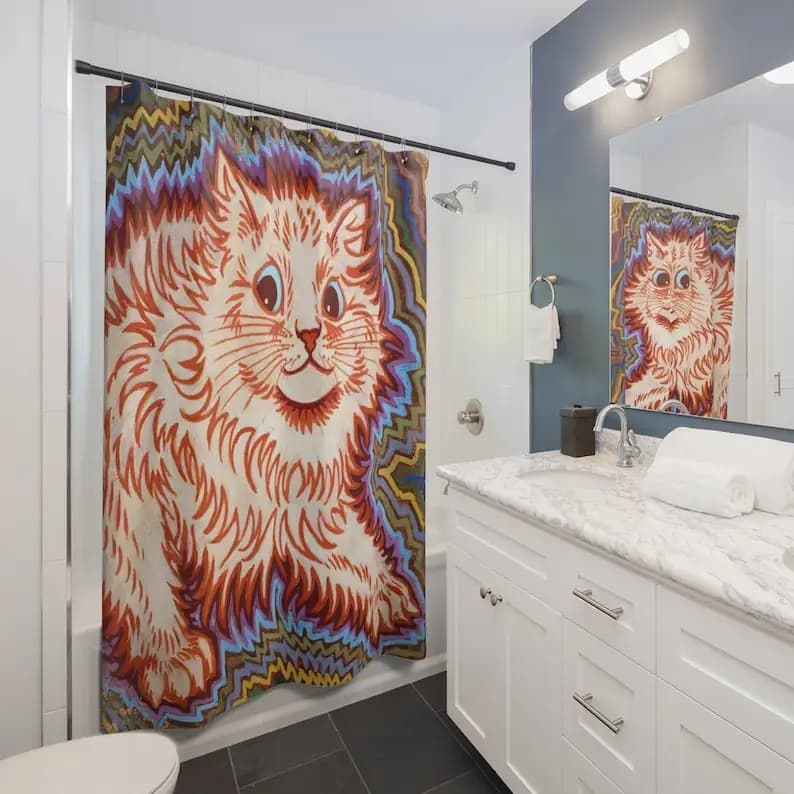 Tenda da doccia per gatti psichedelici vintage Louis Wain, bagno per gatti vintage, arredamento per gatti trippy, tappetino da bagno per gatti funghi, farmacia alta