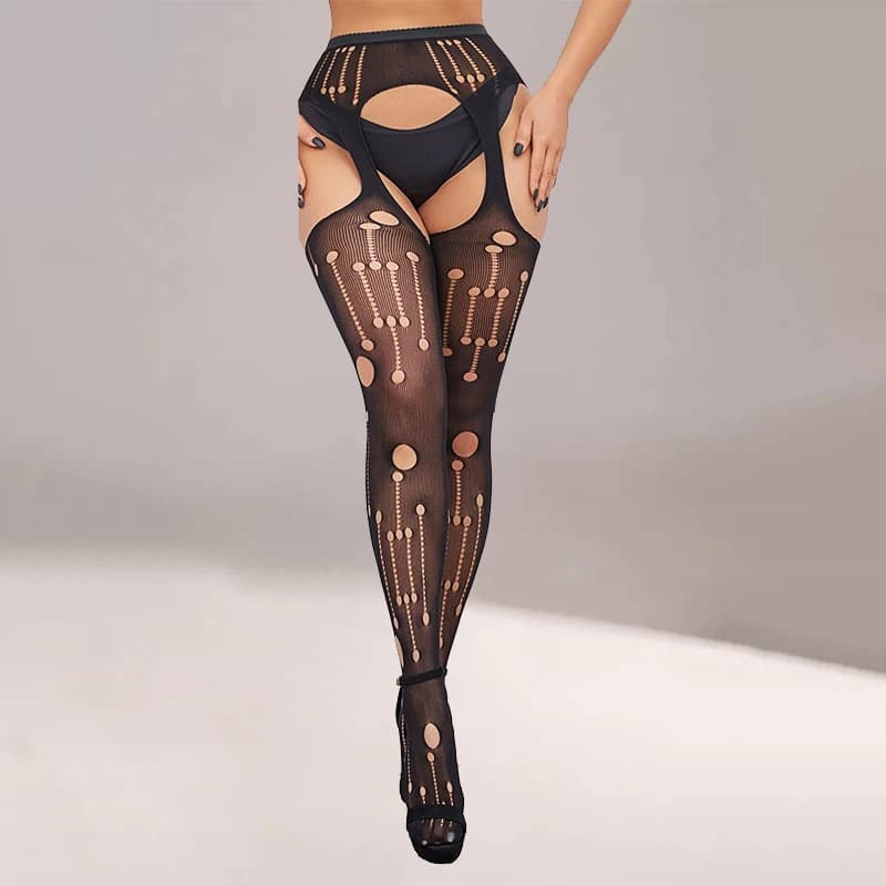 1 paio di collant a vita alta da donna sexy a rete in pizzo con foro spezzato stile di stampa prevengono ganci collant a righe con bretelle