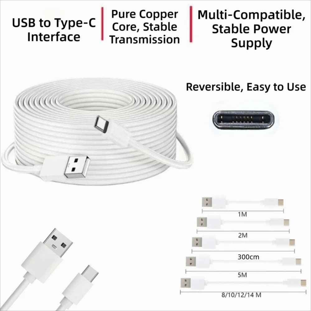 Cavo di ricarica per dispositivo di monitoraggio da USB a tipo C 1 m 2 m 5 m 8 m 10 m 12 m 14 m Cavo di ricarica esteso USB con nucleo in rame puro