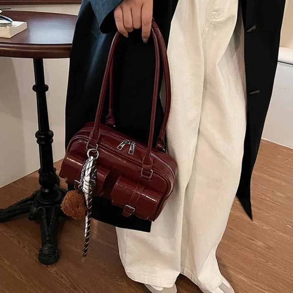 Simple Korean Style PU Bowling Bag Solid Color Handbag Pocket Boston Tote Bag Minority Design French Style Underarm Bag Travel