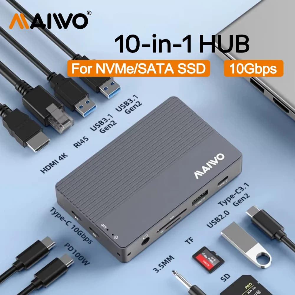 MAIWO Docking Station 10-in-1 con Enclosure M.2 NVMe SATA SSD, HUB Type-C 10Gbps con Porte SD/TF, Compatibile HDMI 4K, PD 100W, RJ45