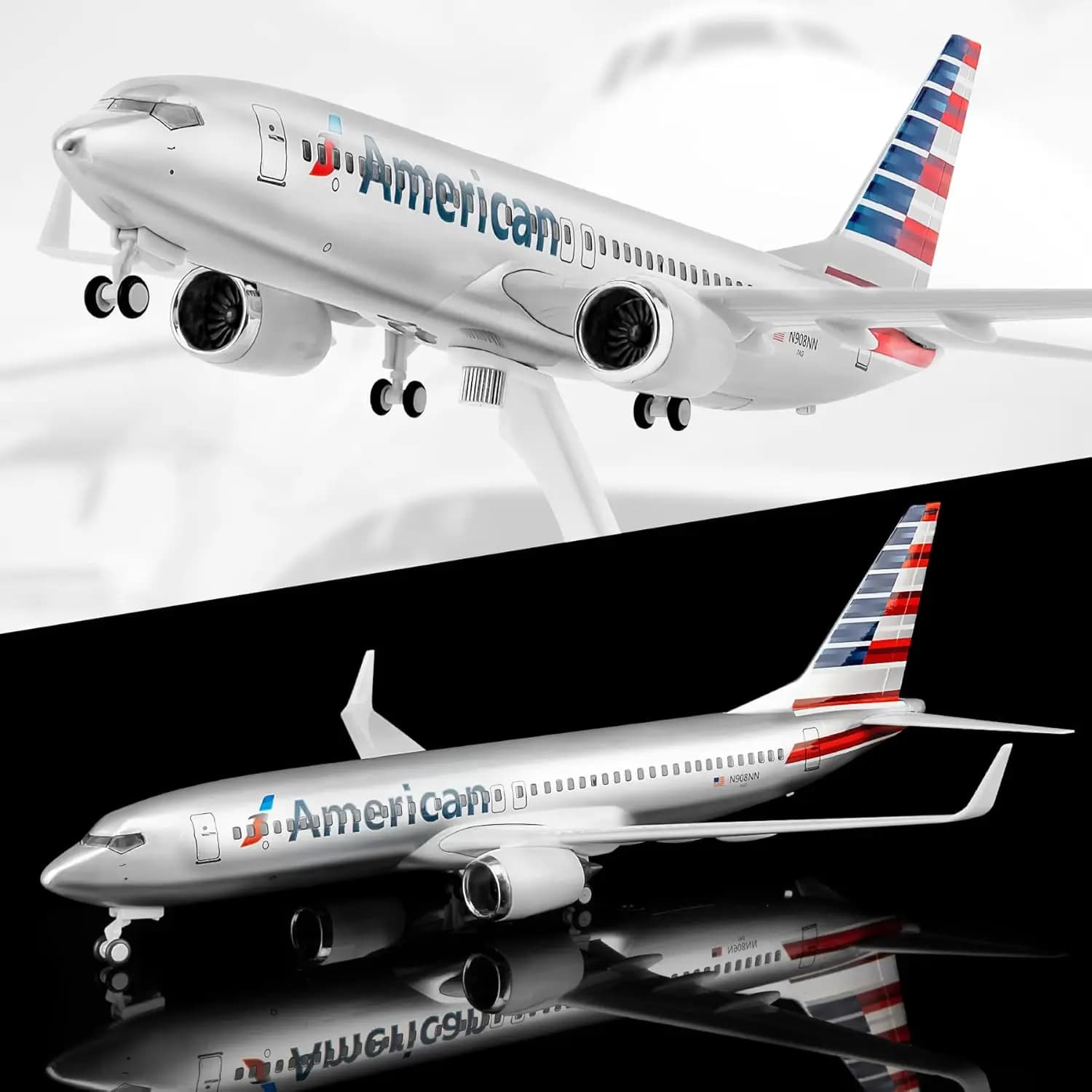 Modellino in Resina di Aereo American B737 da 30cm con Supporto, Giocattolo con Ruote per Collezioni ed Esposizioni o Giocattoli per Ragazzi