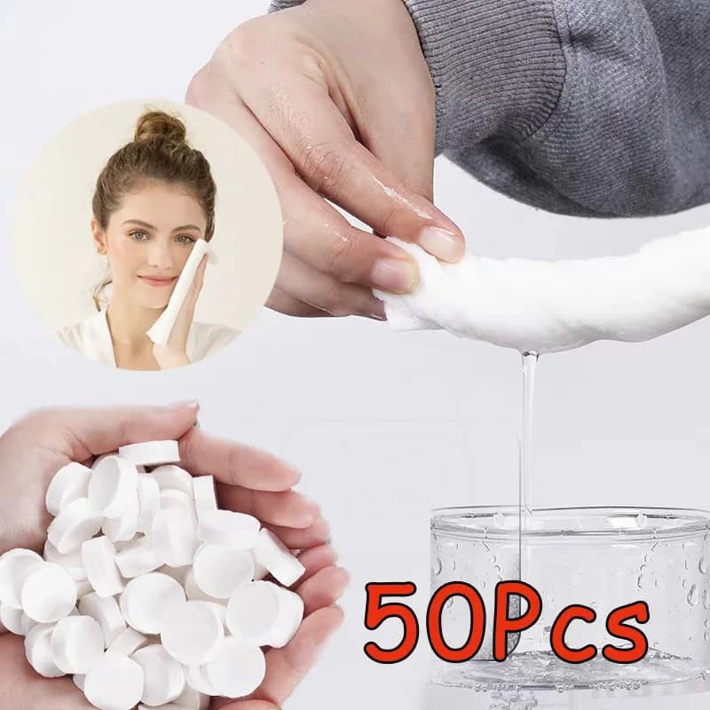 Asciugamani compressi da viaggio da 50 pezzi in borsa compressa adatti per pelli sensibili Asciugamano detergente in cotone Confezione viso usa e getta