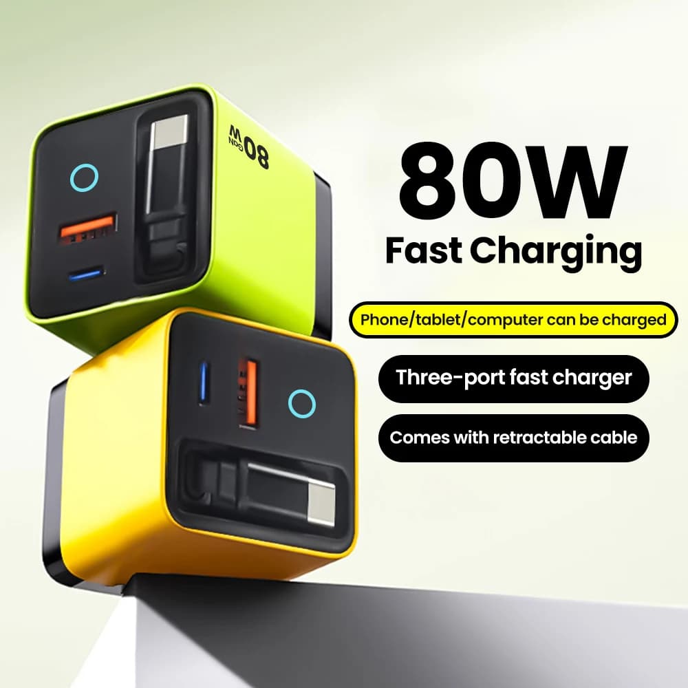 80 W super fast charging USB type C phone charger with USB C telescopic cable for Samsung Iphone 16 15 laptop with light