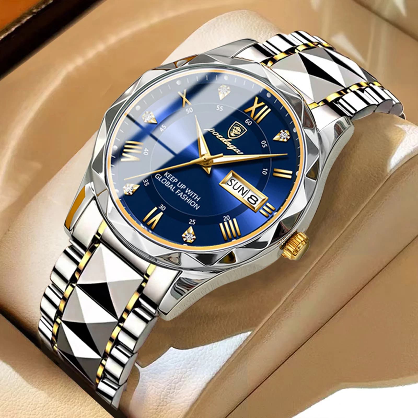 Luxury POEDAGAR wristwatch for Men, Quartz, Waterproof, Bright, Stainless Steel, with Date and Day of Week, Sporty