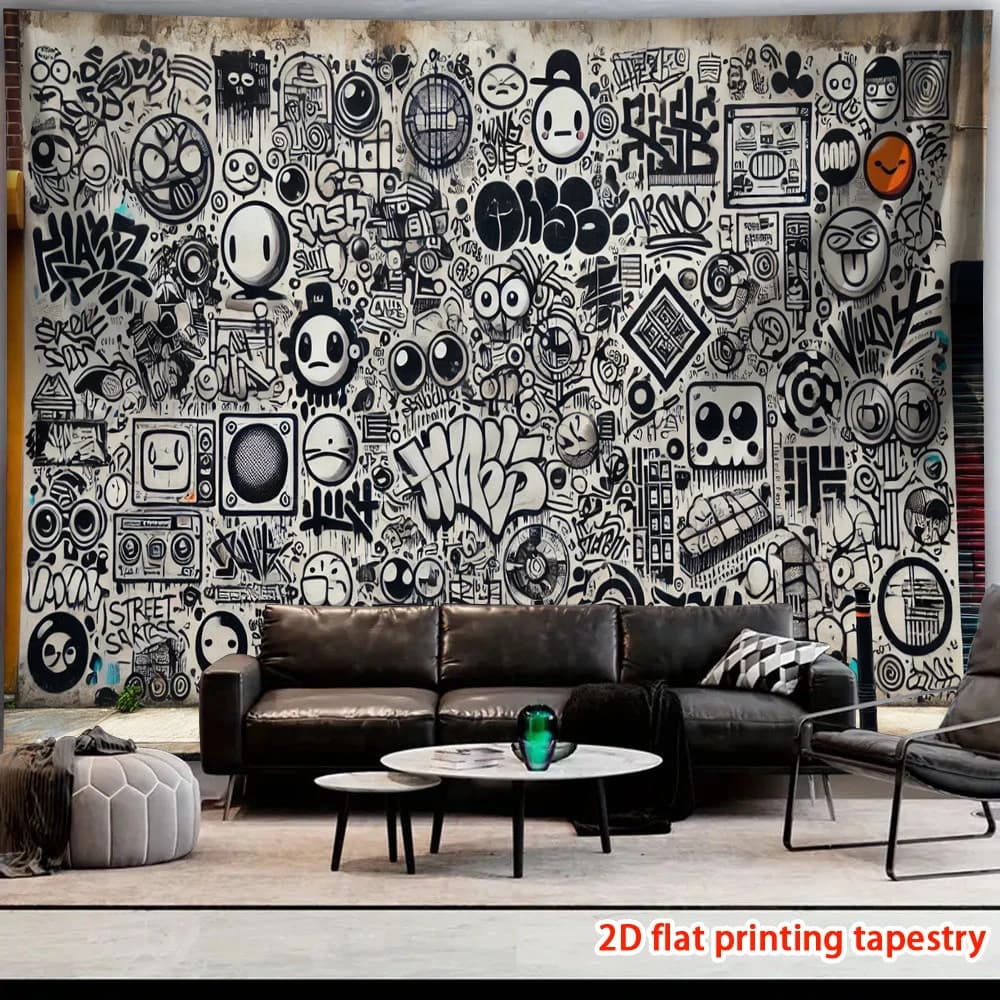 Trendy Graffiti Wall Tapestry Street Art Pop Graffiti Mural Decor Canvas Hanging Print for Living Room Bedroom House Party