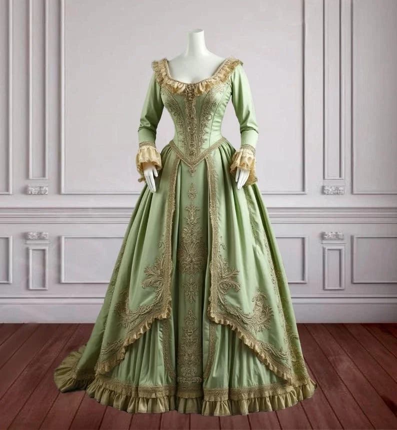 Abiti da ballo vittoriani vintage verdi e dorati maniche lunghe abiti da ballo in maschera Qunee barocchi costumi per occasioni speciali personalizzati