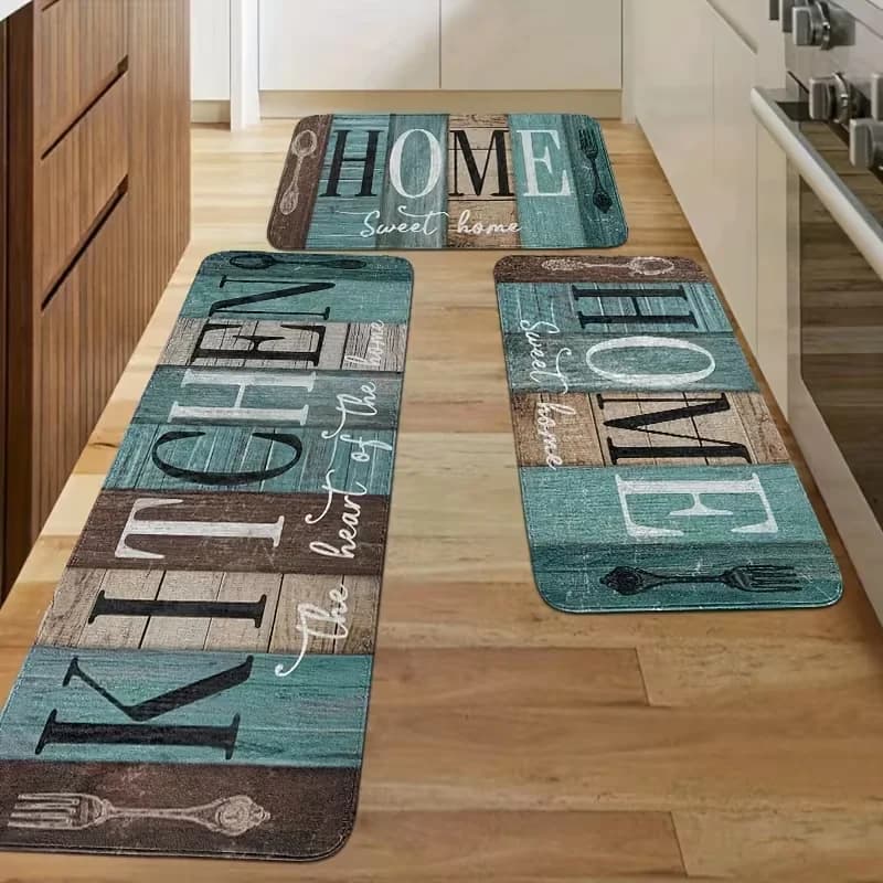 Green, Brown and Teal Farmhouse Kitchen Mat Set 2pcs Kitchen Rugs, Machine Washable rug for Kitchen, Bedroom, and Living Room