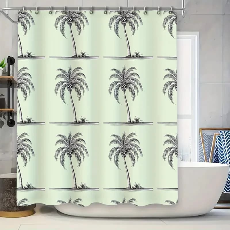 Tenda da doccia classica con stampa di palme nere per l'arredamento del bagno Tessuto impermeabile tinta unita bianco crema