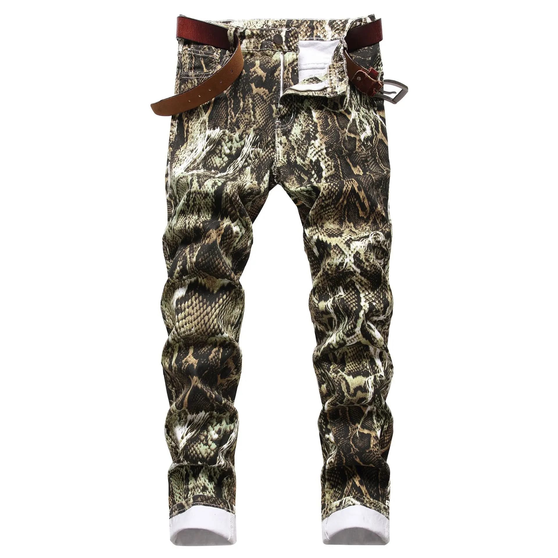 Jeans da uomo Pantaloni a matita in pelle di serpente stampati hip-hop Pantaloni slim fit elasticizzati colorati a vita media in denim lavato alla caviglia