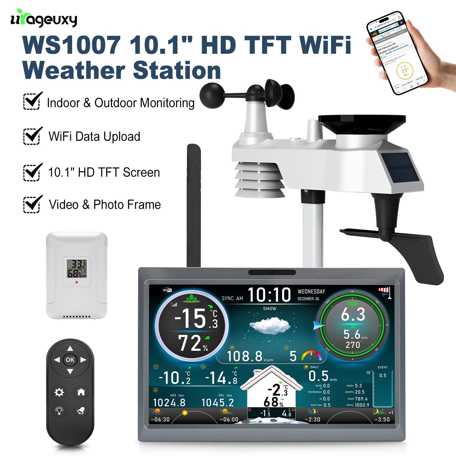 15-in-1 WiFi Wireless Weather Station with Wind Speed/Direction Rain Gauge Temperature/Humidity Weather Forecast For Home Office